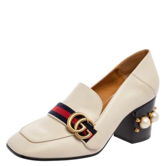 Gucci Shoes - GUCCI Beige Leather Peyton GG Marmont Web Crystal Embellished Block Heel…